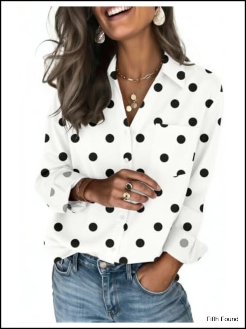 Women's Long Sleeve Button Down Blouse V-Neck Polka Dot Silky Stretch Office
